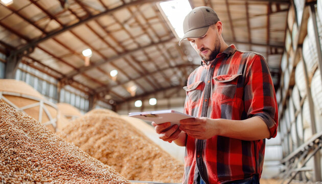 A man inside a warehouse looking at a tablet surrounded by various items on display