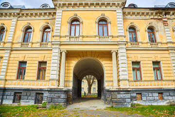 Skole, Ukraine - Oktober 18, 2021: Aerial view to baron Groedl neo baroque style