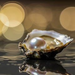 close-up of a single perfect pearl, resting inside, in the center an open oyster shell 