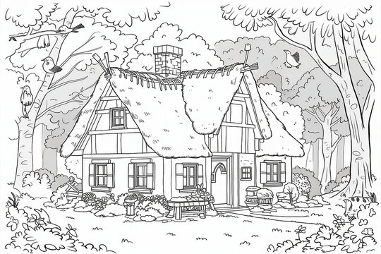 illustration of a house in the forest, black and white