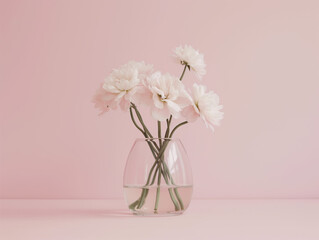 Fototapeta premium Elegant White Flowers in Clear Glass Vase on Soft Pink Background for Minimalist Home Decor Inspiration