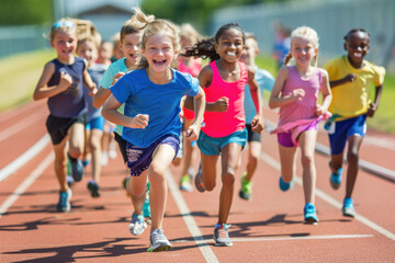 Children running on track in active shorts, smiling and having fun at quadrathlon event