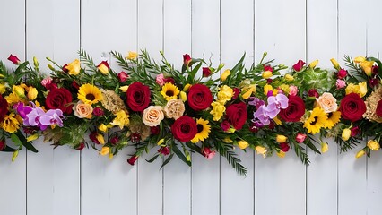 Festive flower composition on the white wooden background overhead view