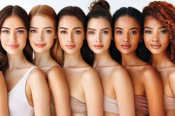 Fototapeta premium Six women of various ethnicities and hair colors stand close together, looking directly at the camera