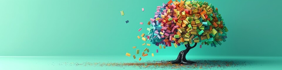 stunning 3D tree with book-leaves each one detailed and colorful standing tall on solid mint green background. The tree symbolizes the power of literacy and education.