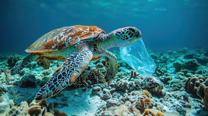 Obraz premium Plastic bag near sea turtle, deep sea, wildlife endangerment