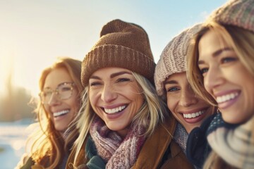 Obraz premium Four women, bundled in winter attire, share warm smiles and laughter as the sun shines brightly behind them