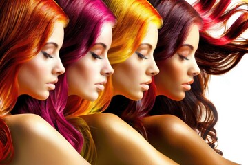 Obraz premium Four women with vibrant hair colors pose in profile, showcasing a spectrum of reds, oranges, and browns. Their hair flows gracefully, creating a captivating visual display