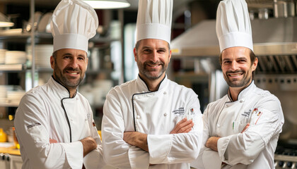 Three chefs in uniforms are happily posing in a kitchen with their arms crossed