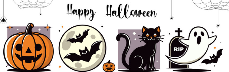 Happy Halloween Minimalist Illustration with Pumpkins, Bats, Black Cat, and Ghost