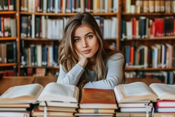 A young woman rests her chin on her hand, contemplating a stack of books in a quiet library