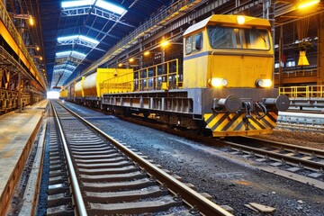 A yellow locomotive pulling a train of freight cars moves along a track under a steel structure, illuminated by overhead lighting