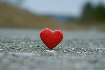 Fototapeta premium A single red heart sits on a rough, gray path, surrounded by a blurred background of greenery