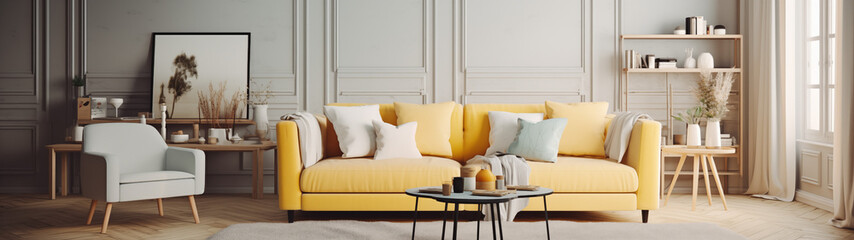 Mockup produkt - obraz na ścianie w salonie. Wizualizacja jasnego wnętrza. Biel i żółty. Render 3d	