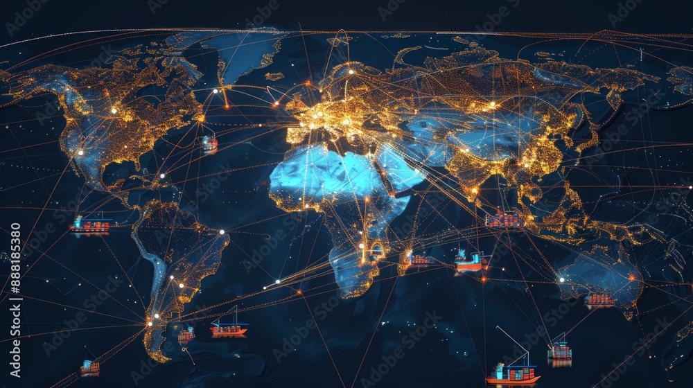 Wall mural a global map with highlighted shipping routes and logistics hubs, demonstrating the complex network 
