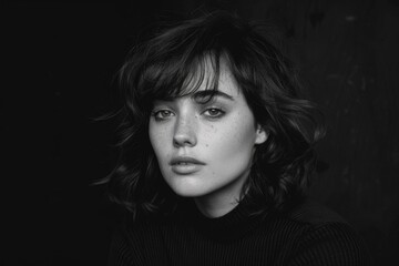 Naklejka premium A woman with short, curly hair gazes intently at the camera, her expression both serene and slightly mysterious. The image is rendered in black and white, enhancing the focus on her features