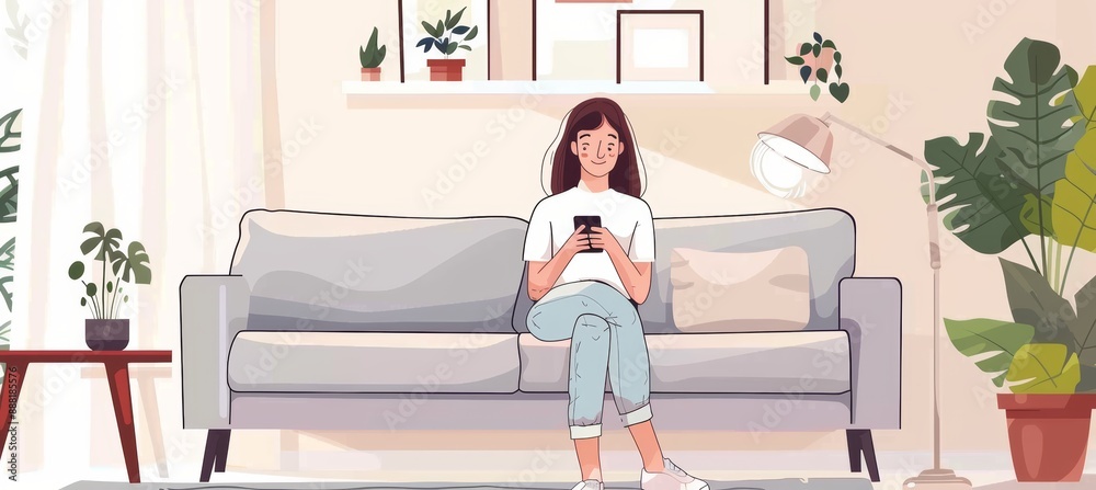 Wall mural Young Woman Enjoying Smartphone Game in Modern Minimalist Living Room with Greenery