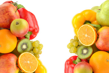 Fruits and vegetables in a wicker basket isolated on a white . Collage. Free space for text.