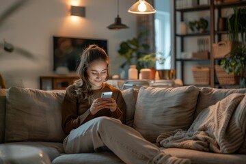 Obraz premium Woman Using Smartphone for Smart Lighting Control in Modern Farmhouse Living Room for Home Automation Concept