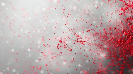 Bright red dots linked by crimson threads on a soft gray backdrop, central text space