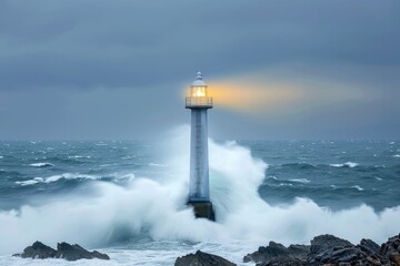 A lighthouse stands tall and steadfast, its light shining brightly as powerful waves crash around it