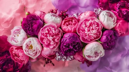 Festive floral composition of peonies on pink and purple background the view from the top