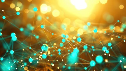 Obraz premium Bright turquoise dots linked by aqua threads on a warm gold backdrop, text area in the lower center