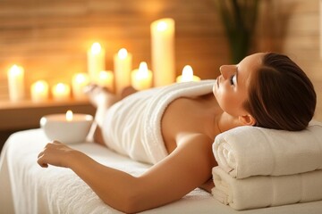 Fototapeta na wymiar A woman lies peacefully on a massage table, wrapped in a white towel, surrounded by the soft glow of candlelight