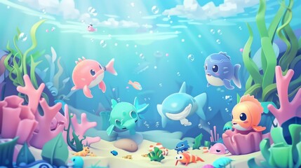 Obraz premium Eco Heroes of the Deep: A Vibrant 3D Cartoon Assembly of Marine Creatures Tackling Plastic Waste, A Call to Preserve Our Oceans, Perfect for Eco-Centric Advertisements and Invitations, 4K Ultra HD Ren