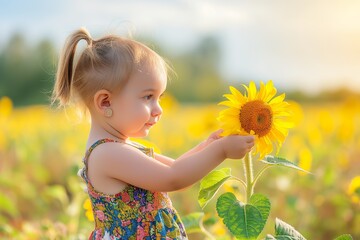 Little girl with a sunflower in a field.