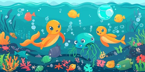 Eco Heroes of the Deep: A Vibrant 3D Cartoon Assembly of Marine Creatures Tackling Plastic Waste, A Call to Preserve Our Oceans, Perfect for Eco-Centric Advertisements and Invitations, 4K Ultra HD Ren
