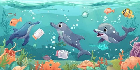 Obraz premium Eco Heroes of the Deep: A Vibrant 3D Cartoon Assembly of Marine Creatures Tackling Plastic Waste, A Call to Preserve Our Oceans, Perfect for Eco-Centric Advertisements and Invitations, 4K Ultra HD Ren