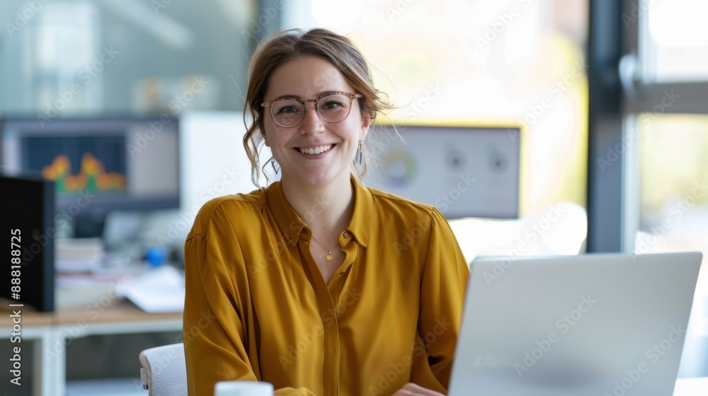 Poster woman in yellow at desk