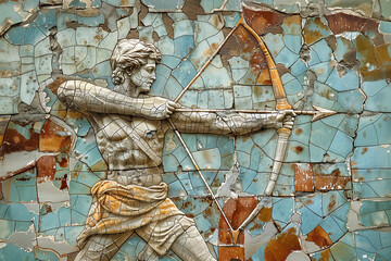 A statue of a man holding a bow and arrow made with tiles. It is to the zodiac sign of sagittarius.