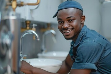 African American male plumber fixing sink in a bathroom.