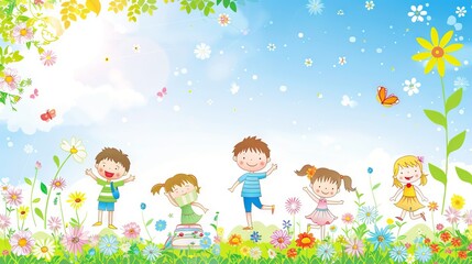 Obraz premium Illustration of happy children playing in a colorful spring meadow, flowers blooming, butterflies flying, and bright sunshine, cheerful kids in nature, childlike fun, happy childhood concept
