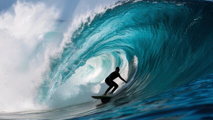 There is a surfer riding a big wave. The wave is blue and the surfer is black.


