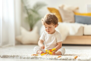 Baby playing with toy airplane on the carpet.