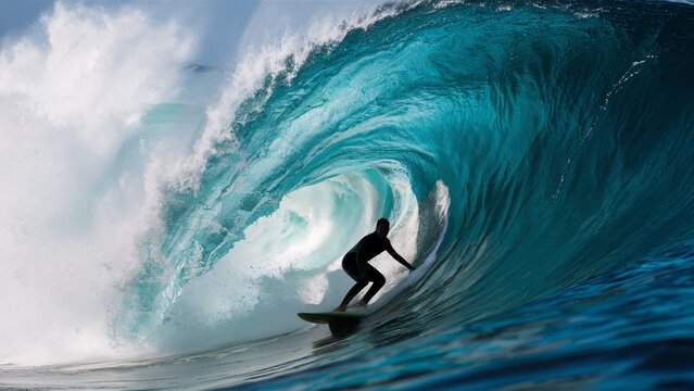 There is a surfer riding a big wave. The wave is blue and the surfer is black.

