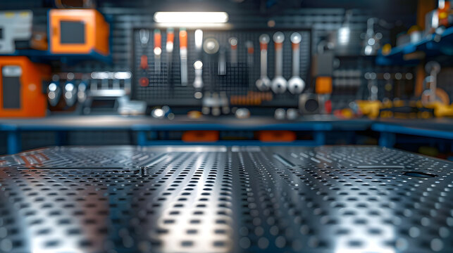 A metal blank tabletop with blurred automotive tools and parts in the background suitable for promoting automotive products - Powered by Adobe