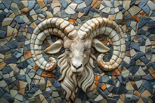 A mosaic and a statue of a ram's head. It is the zodiac sign of Capricorn