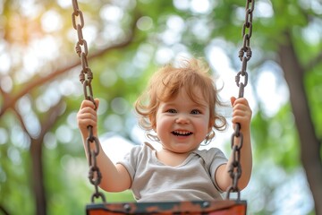 Girl swinging in the park, smiling happily.