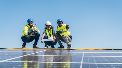 The engineer installs the solar panel, promoting the clean energy concept.
