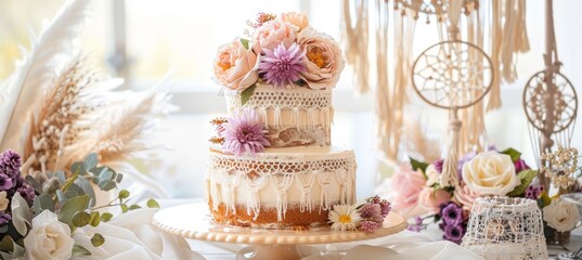 Bohemian-Themed Birthday Cake with Edible Flowers and Macrame Decorations - Perfect for Special Celebrations