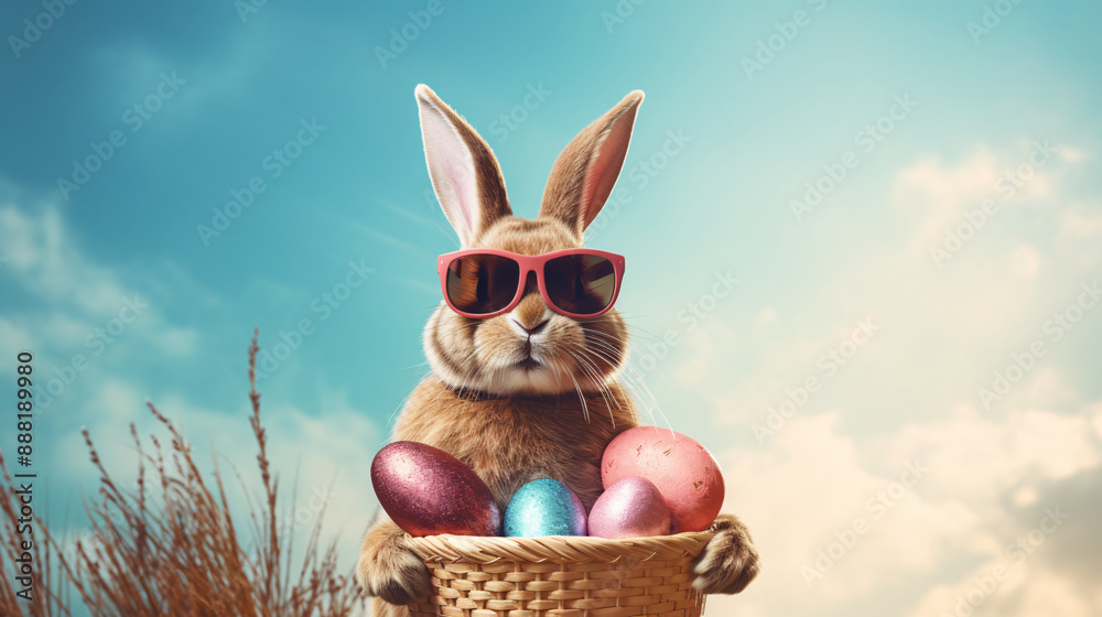 Wall mural a rabbit wearing sunglasses holding a basket of eggs