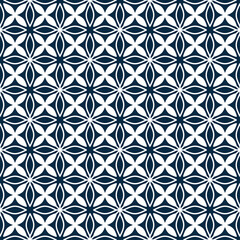 Seamless white line pattern, with simple four petal leaf shapes on a dark blue background. Suitable for various design purposes of textiles, tiles, wallpapers, backgrounds, etc.