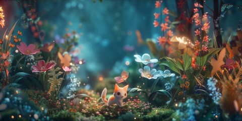 Fototapeta premium Enchanted Forest Soiree: Magical Creatures' Adventure Amongst Luminescent Flora, A 4K Ultra HD Vision of Biodiversity and Conservation, Ideal for Advertising and Invitations abstract