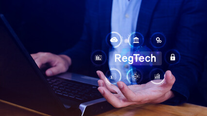 Regtech, Regulatory technology concept, management of regulatory processes with financial industry through technology, Regulatory monitoring, reporting and compliance, Machine learning tech.