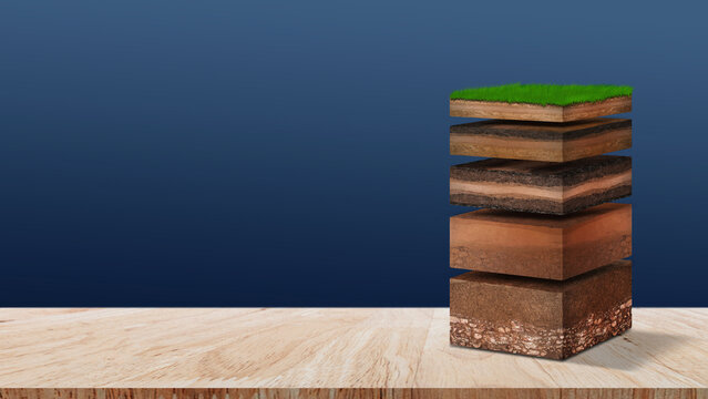 Isometric Soil Layers diagram, Cross section of green grass and underground soil layers beneath, stratum of organic, minerals, sand, clay, Isometric soil layers for background.