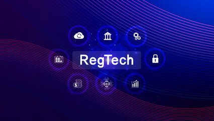 Regtech, Regulatory technology concept, management of regulatory processes with financial industry through technology, Regulatory monitoring, reporting and compliance, Machine learning tech.